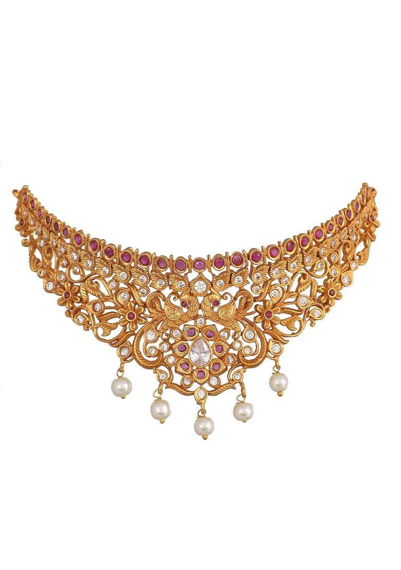 Tarinika Antique Gold Plated Choker Set with CZ Stones White Red and Green - Indya