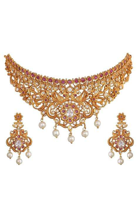 Tarinika Antique Gold Plated Choker Set with CZ Stones White Red and Green