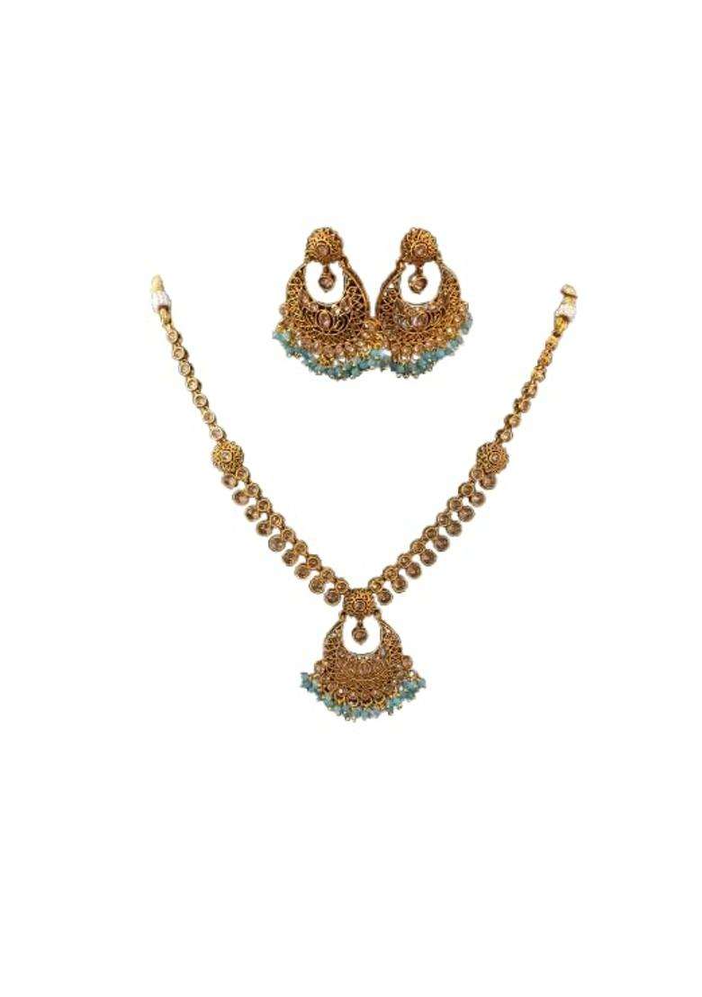 Traditional Temple Jewellery Set with Necklace and Earrings Turquoise Beads Antique Finish - Indya