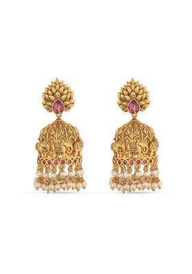 Tarinika Antique Gold Plated Jhumka Earrings with CZ Stones and Pearls