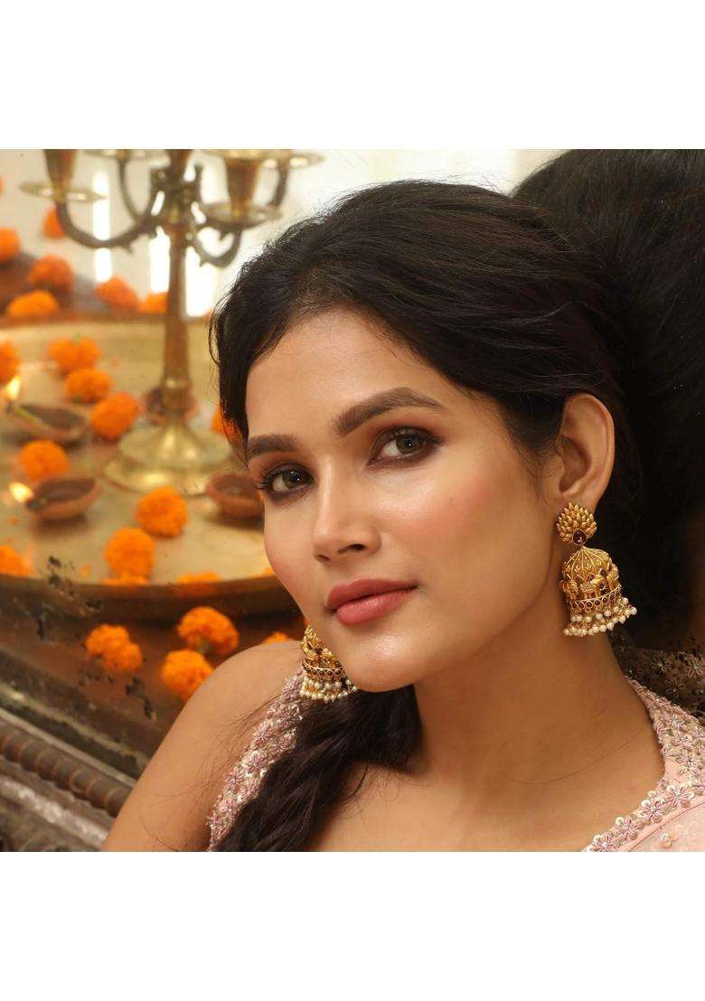 Tarinika Antique Gold Plated Jhumka Earrings with CZ Stones and Pearls - Indya