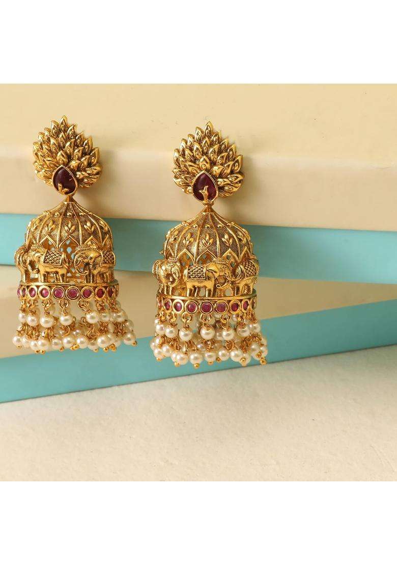 Tarinika Antique Gold Plated Jhumka Earrings with CZ Stones and Pearls - Indya
