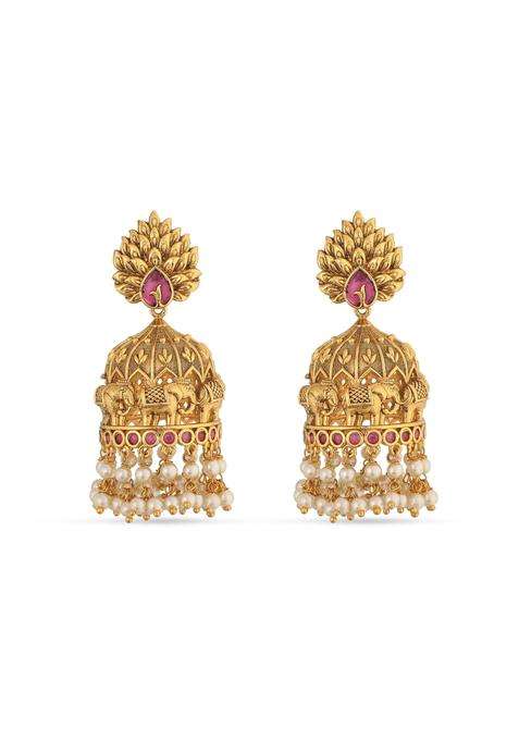 Tarinika Antique Gold Plated Jhumka Earrings with CZ Stones and Pearls