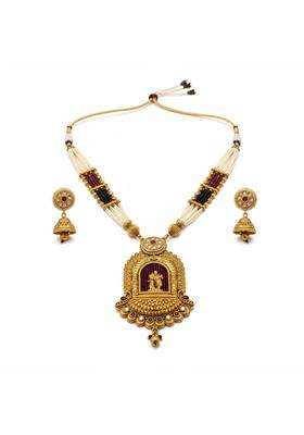 Kivoa Traditional Temple Necklace Set for Women Antique 18K Gold Tone Plated Long Haram with Earrings