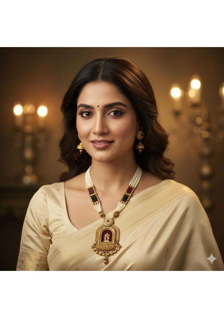 Kivoa Traditional Temple Necklace Set for Women Antique 18K Gold Tone Plated Long Haram with Earrings - Indya