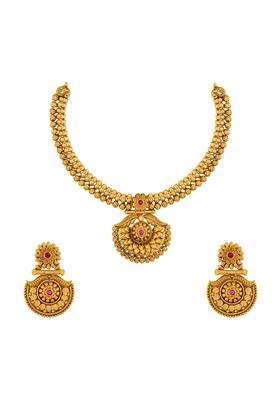 Kushals Fashion Jewellery Ruby Gold Plated Antique Necklace Set with Hanging Earrings for Women