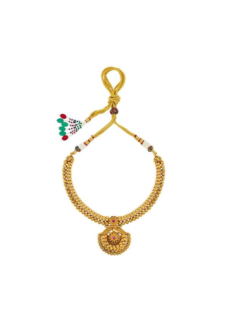 Kushals Fashion Jewellery Ruby Gold Plated Antique Necklace Set with Hanging Earrings for Women - Indya