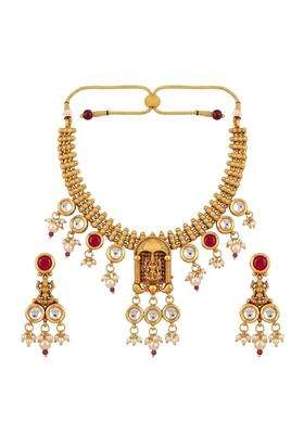 Rewaa Antique Gold Finish Temple Kundan Necklace Set