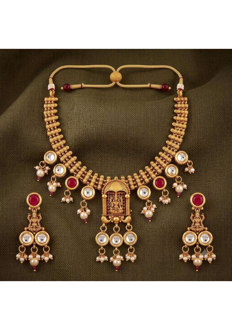 Rewaa Antique Gold Finish Temple Kundan Necklace Set - Indya