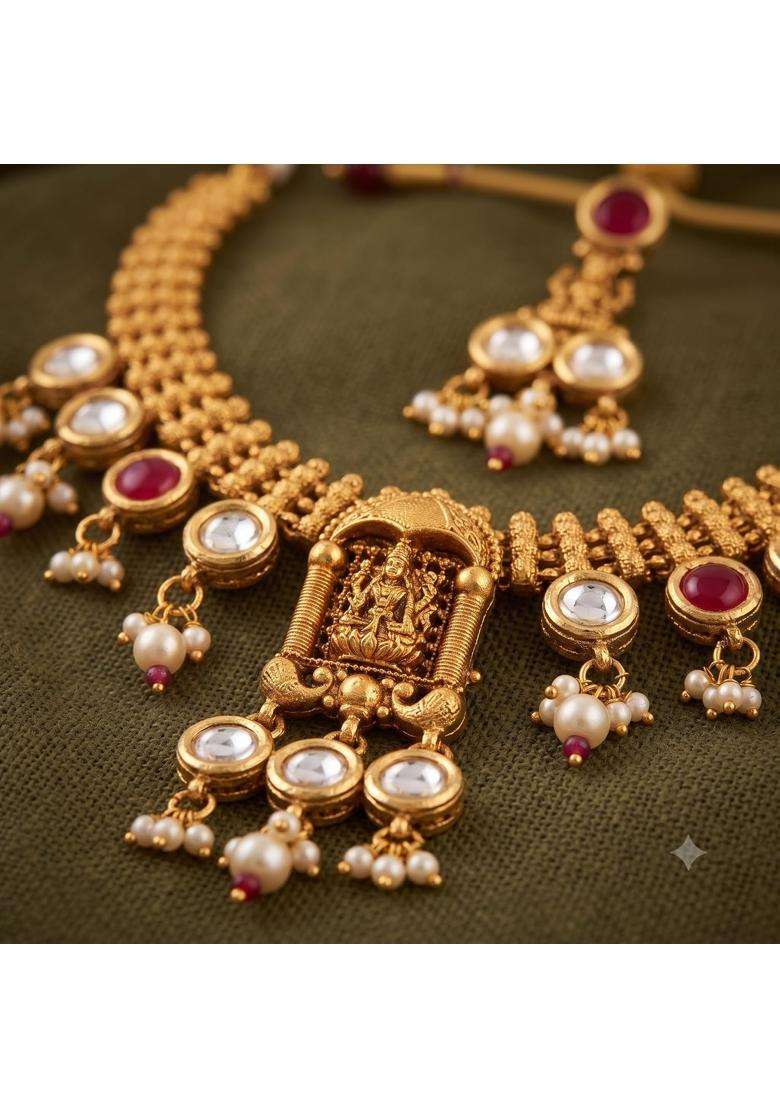 Rewaa Antique Gold Finish Temple Kundan Necklace Set - Indya