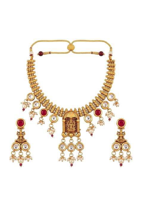 Rewaa Antique Gold Finish Temple Kundan Necklace Set