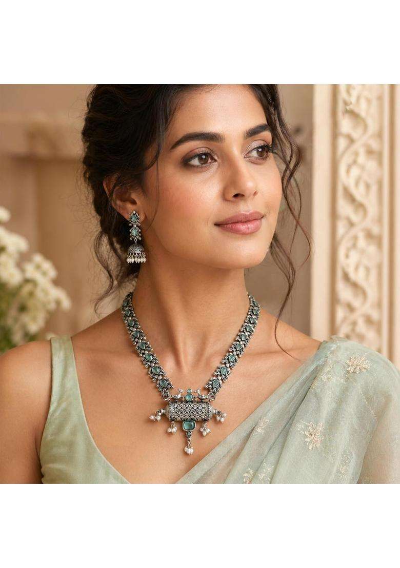 Yellow Chimes Oxidised Silver Aqua Green Stone Studded Necklace Set for Women - Indya