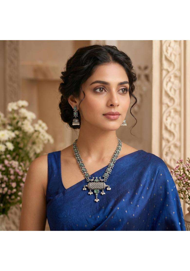 Yellow Chimes Oxidised Silver Aqua Green Stone Studded Necklace Set for Women - Indya