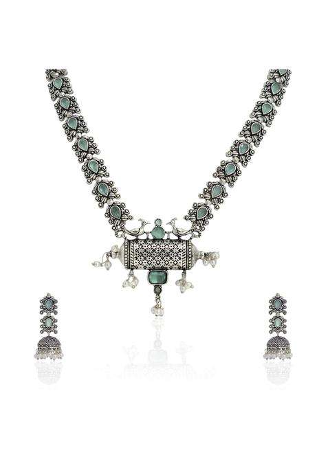 Yellow Chimes Oxidised Silver Aqua Green Stone Studded Necklace Set for Women