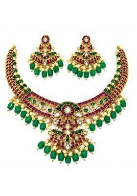 Xpertscreations Antique Nakshi Necklace Set for Women Gold Tone Temple Style Necklace with Green Beads