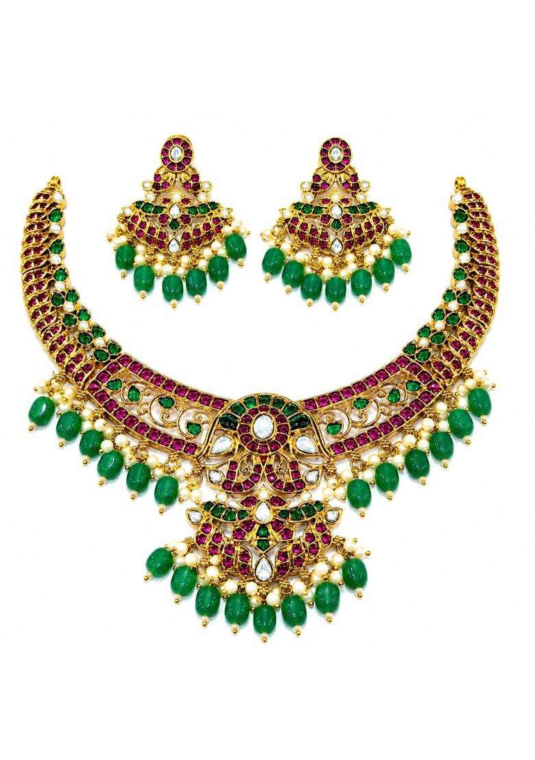 Xpertscreations Antique Nakshi Necklace Set for Women Gold Tone Temple Style Necklace with Green Beads - Indya