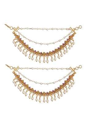 Tarinika Antique Gold Plated Ear Chain Traditional Indian Brass Jewelry with CZ and Pearls for Wedding