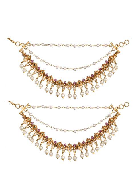 Tarinika Antique Gold Plated Ear Chain Traditional Indian Brass Jewelry with CZ and Pearls for Wedding
