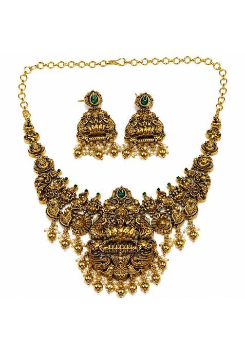 Xpertscreations Nakshi Temple Necklace Set for Women Antique Gold Tone Goddess Lakshmi Design with Matching