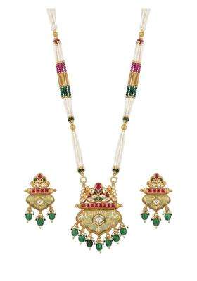 Nakoda Shringar Jewels Antique Gold Temple Long Necklace Set with Pearls and Red Green Stones for Women