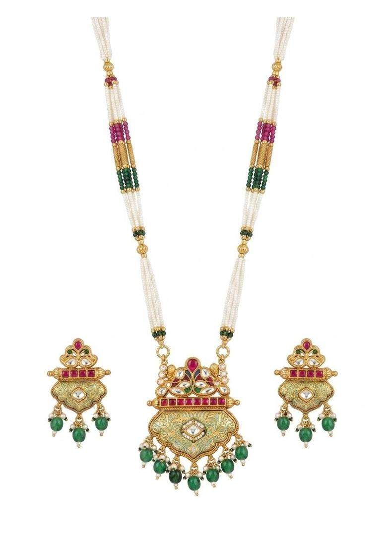 Nakoda Shringar Jewels Antique Gold Temple Long Necklace Set with Pearls and Red Green Stones for Women - Indya
