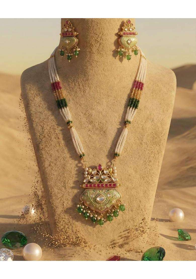Nakoda Shringar Jewels Antique Gold Temple Long Necklace Set with Pearls and Red Green Stones for Women - Indya