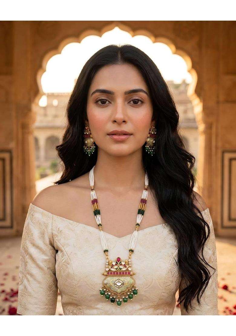 Nakoda Shringar Jewels Antique Gold Temple Long Necklace Set with Pearls and Red Green Stones for Women - Indya