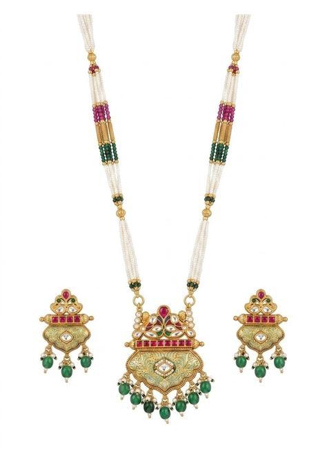 Nakoda Shringar Jewels Antique Gold Temple Long Necklace Set with Pearls and Red Green Stones for Women
