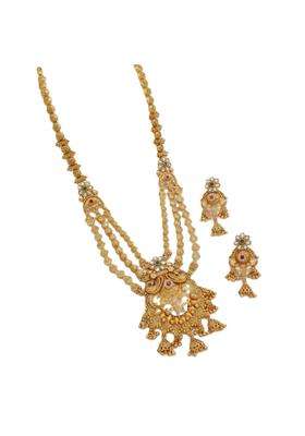 Jewwel Royal Antique Finish Brass Dual Layer Temple Rani Haar Long Necklace Set with Earrings