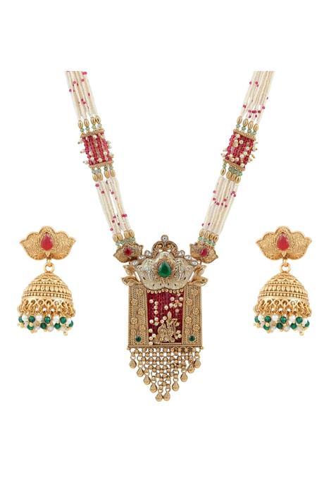 Iksava Gold Plated Long Temple Necklace Set with White and Pink Beads