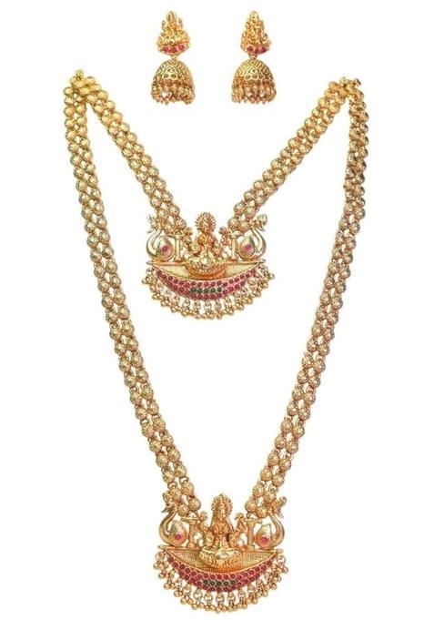 Vimina Traditional Gold Plated Temple Jewellery Set Lakshmi Pendant Necklace with Jhumka