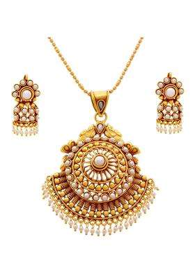 JFL Traditional Ethnic Temple One Gram Gold Plated Pearl Designer Pendant Set for Women and Girls