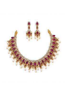 KGJ Ad Matte Gutapusal Necklace Set with Earrings Purple Antique Gold Finish Guttapusal Temple Style Wedding
