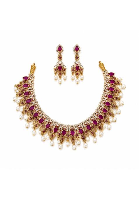 KGJ Ad Matte Gutapusal Necklace Set with Earrings Purple Antique Gold Finish Guttapusal Temple Style Wedding