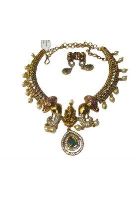 Traditional Indian Necklace Set with Pearl Drops Antique Gold Finish Crystal Studded Temple Design