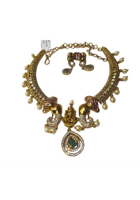 Traditional Indian Necklace Set with Pearl Drops Antique Gold Finish Crystal Studded Temple Design