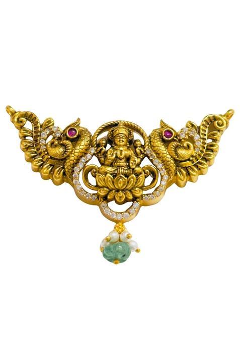 Vedic Silver Lakshmi Devi Tanmonia Lotus Goddess Pendant Peacock Motif Stone Embellishments Bead Drops Temple