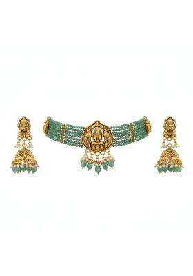 Kivoa Temple Design Green Beaded Choker Necklace Set for Women with Goddess Pendant and Jhumka Earrings