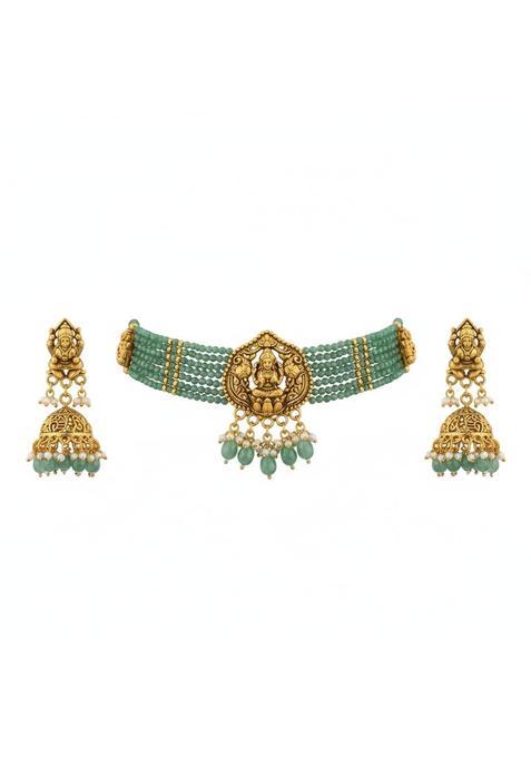 Kivoa Temple Design Green Beaded Choker Necklace Set for Women with Goddess Pendant and Jhumka Earrings