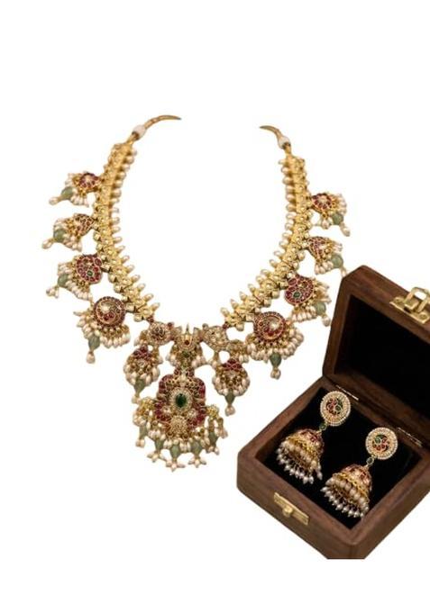 Tara N Tripti Designs TNT Red Traditional Long Haram Necklace Set with Jhumka Earrings Pearl Drops Kundan Work