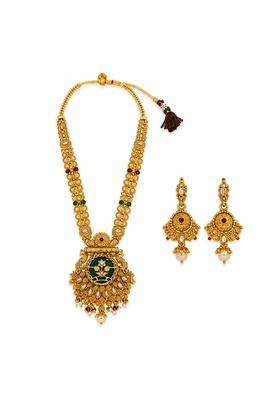 Shop Mehira Antique Gold Long Heritage Pendant Necklace Set with Matching Earrings for Women and Girls