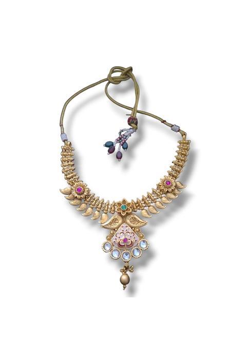 Tasya Jewellery Traditional Matte Finish Minakari Indian Gold Necklace Set with Earrings Antique Finish
