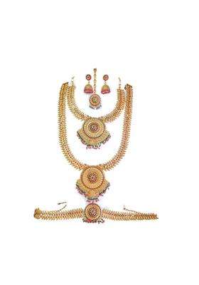 Vimina Traditional Gold Plated Necklace Set with Intricate Round Pendant Design Temple Jewelry for Women