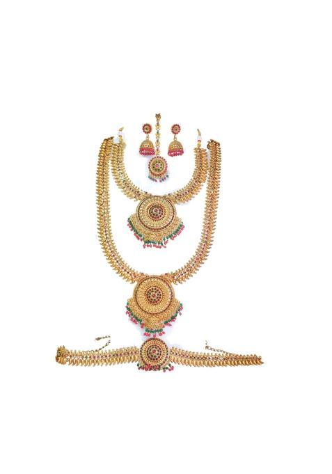 Vimina Traditional Gold Plated Necklace Set with Intricate Round Pendant Design Temple Jewelry for Women