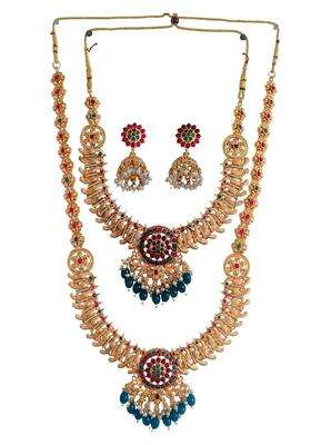 Traditional Temple Jewellery Long Haram Necklace Set with Circular Pendant and Jhumka Earrings for Women