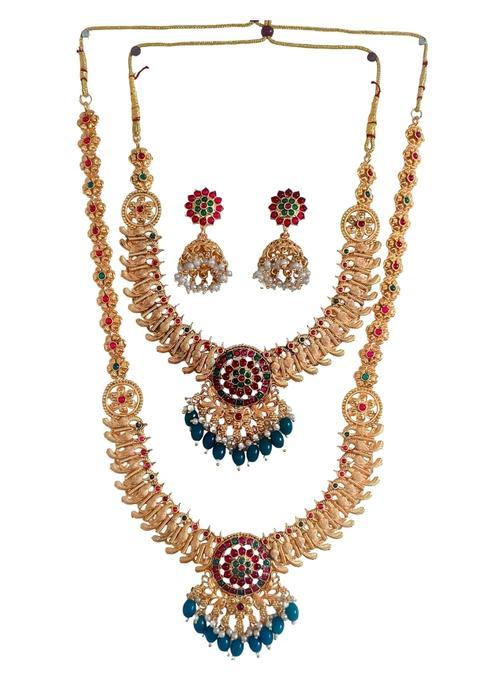 Traditional Temple Jewellery Long Haram Necklace Set with Circular Pendant and Jhumka Earrings for Women