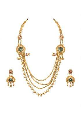 PM AURA Jewels Rajwadi Layered Long Necklace Set Temple Meenakari Work Alloy with Beads Green and Red