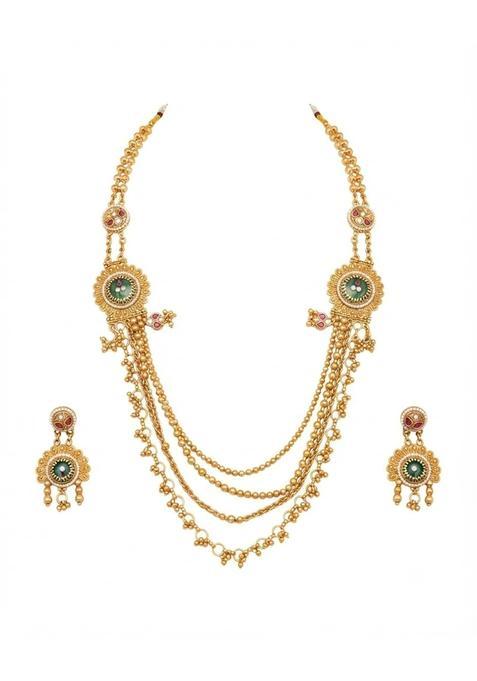 PM AURA Jewels Rajwadi Layered Long Necklace Set Temple Meenakari Work Alloy with Beads Green and Red