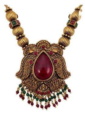 Xpertscreations Gold Plated Nakshi Necklace for Women Traditional Temple Style Pendant Necklace with Maroon