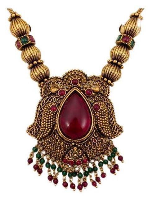 Xpertscreations Gold Plated Nakshi Necklace for Women Traditional Temple Style Pendant Necklace with Maroon